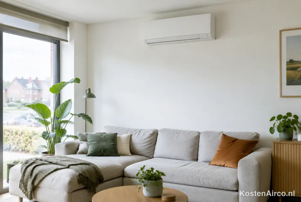 Wit airco-binnendeel aan de muur van een woonkamer